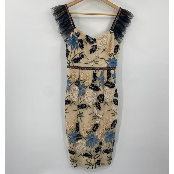 Lulus Show Stopper Midi Dress Floral Embroidered Beaded Bodycon Pencil Cream XS - Picture 3 of 9